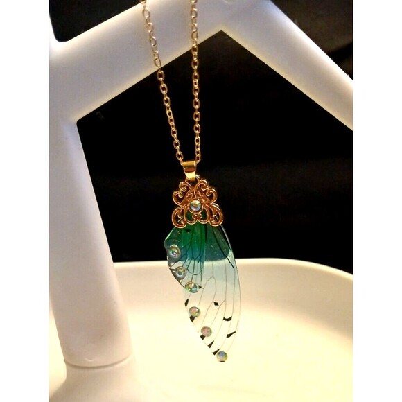 Delicate Realistic Transparent Blue Butterfly Wing Necklace - Picture 2 of 5